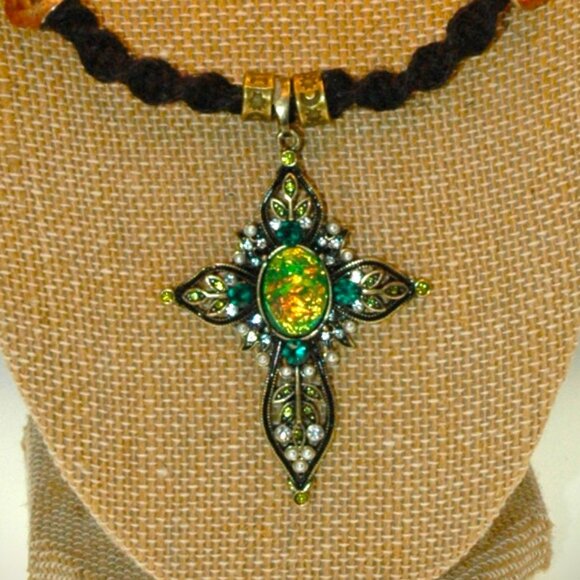 Gold Toned Faceted Oval Dichroic Gold Toned Cross on a handmade Black Hemp Chain - Picture 3 of 7